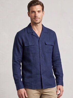 NWT COOFANDY | Navy Blue Long Sleeve Linen-Style Camp Collar Button Down | Small
